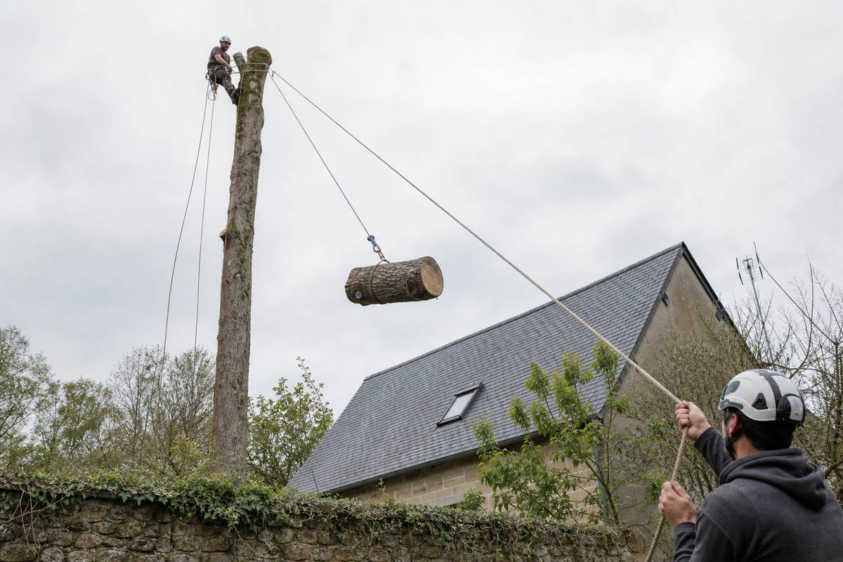 Élagueur démontant un tronc au-dessus d'une toiture en ardoise, bille de bois retenue par une corde de rétention
