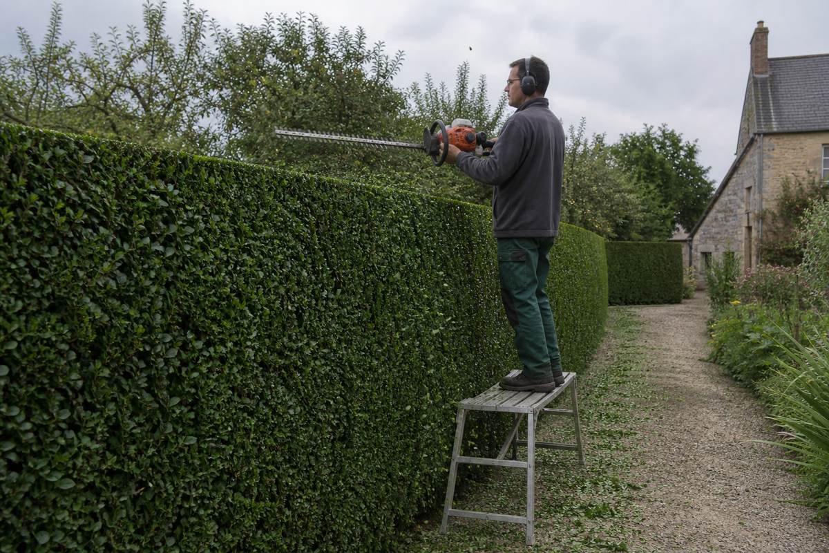 Jardinier taillant le sommet d'une haute haie de charmes au taille-haie thermique depuis une plateforme, ligne de coupe rectiligne